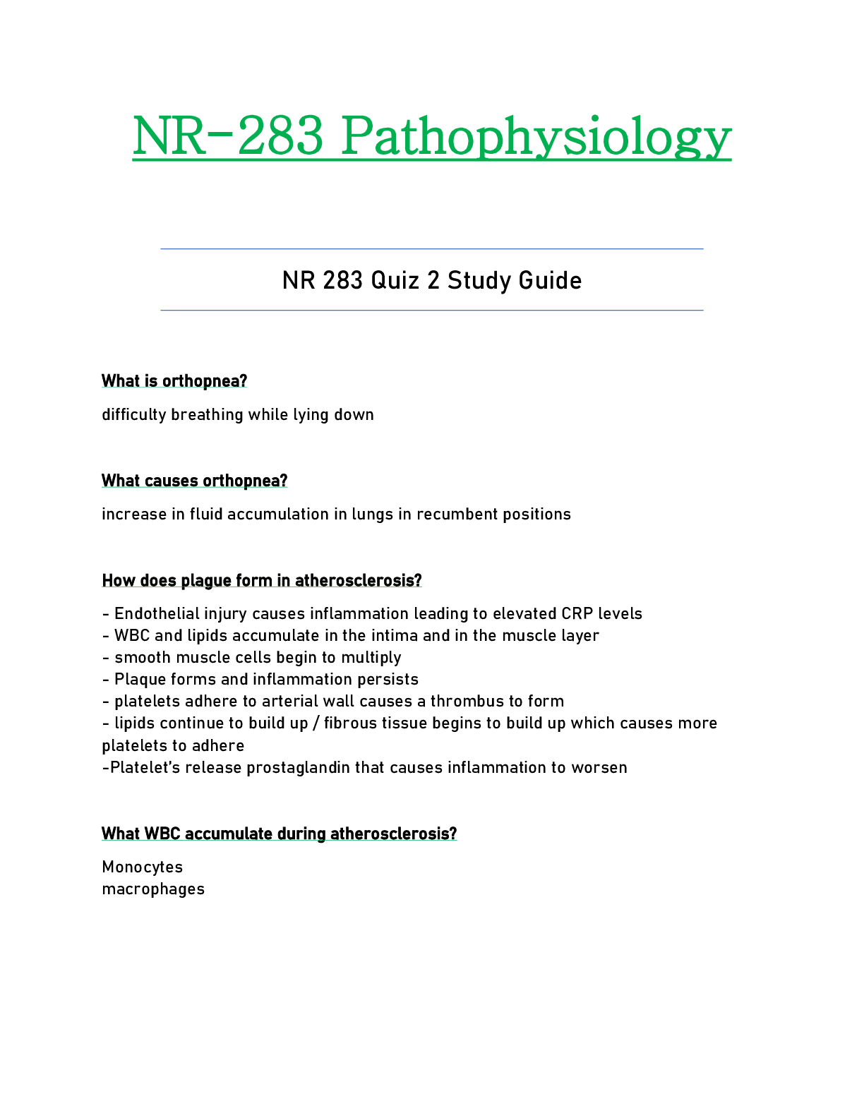 Preview of NR 283 / NR283 Quiz 2 Study Guide Updated: Pathophysiology - Chamberlain
